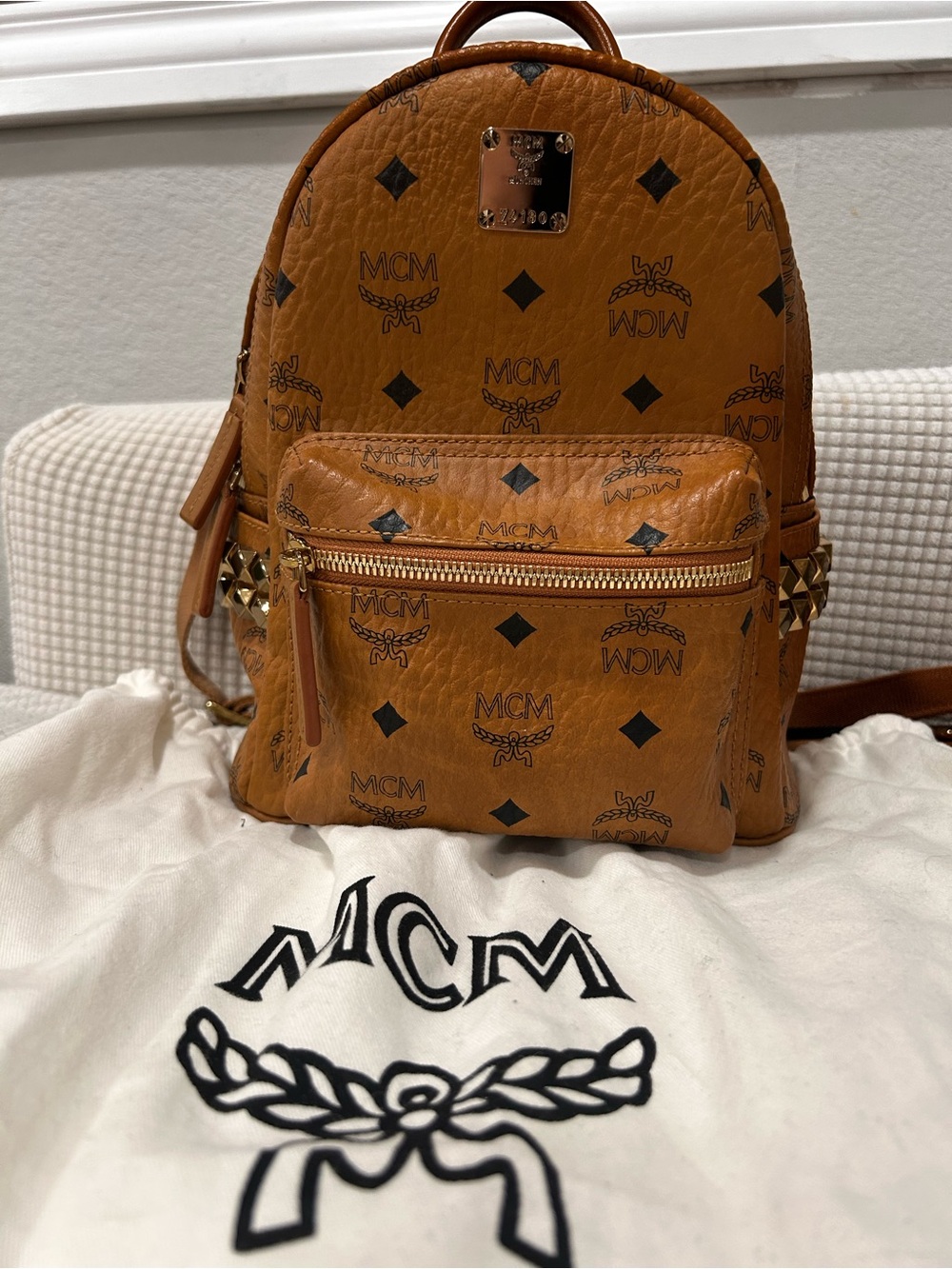 Authentic MCM Cognac Logo Gold Studded Mini Backpack Visetos